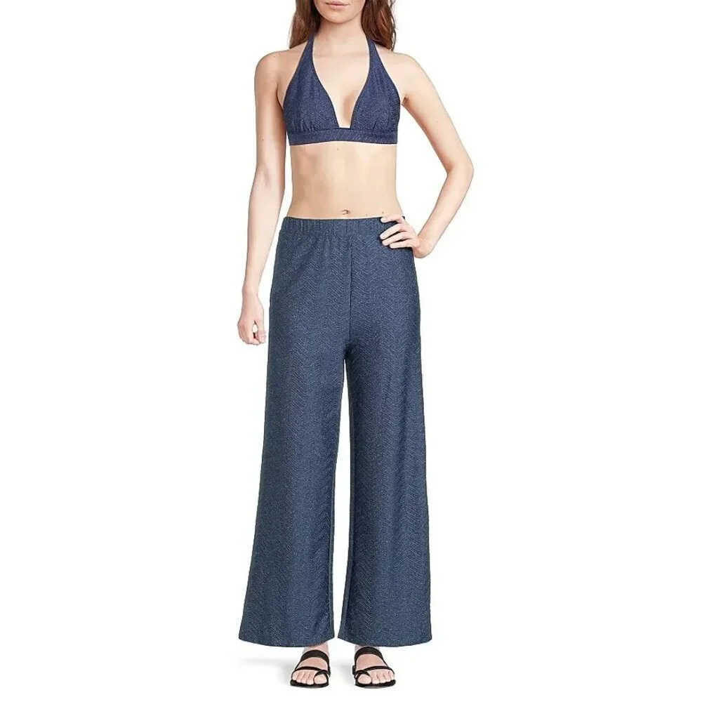 Milly Cabana Chevron Shimmer Pull On Pants Navy Silver Size L Beach Pool Resort